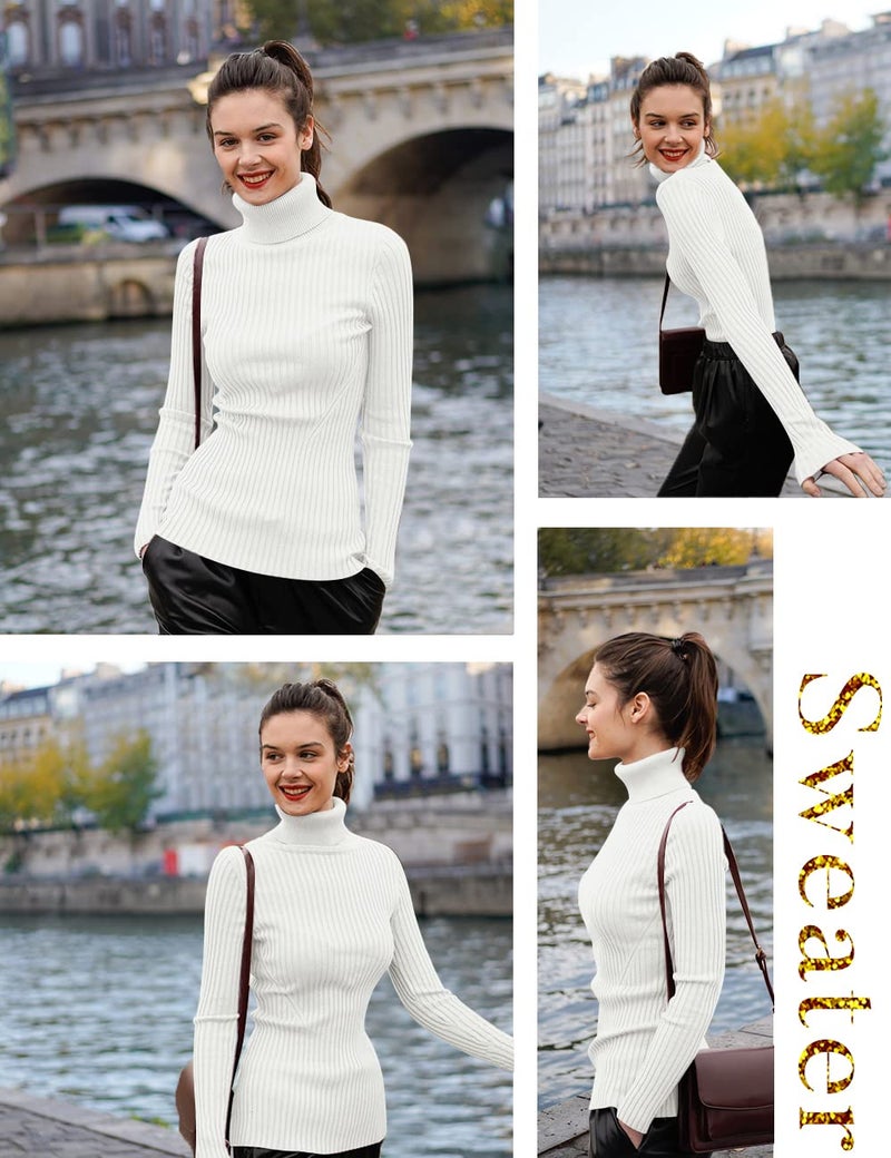 v28 Women Stretchable Turtleneck Knit Long Sleeve Slim Fit Sweater (M,White) - Image 3